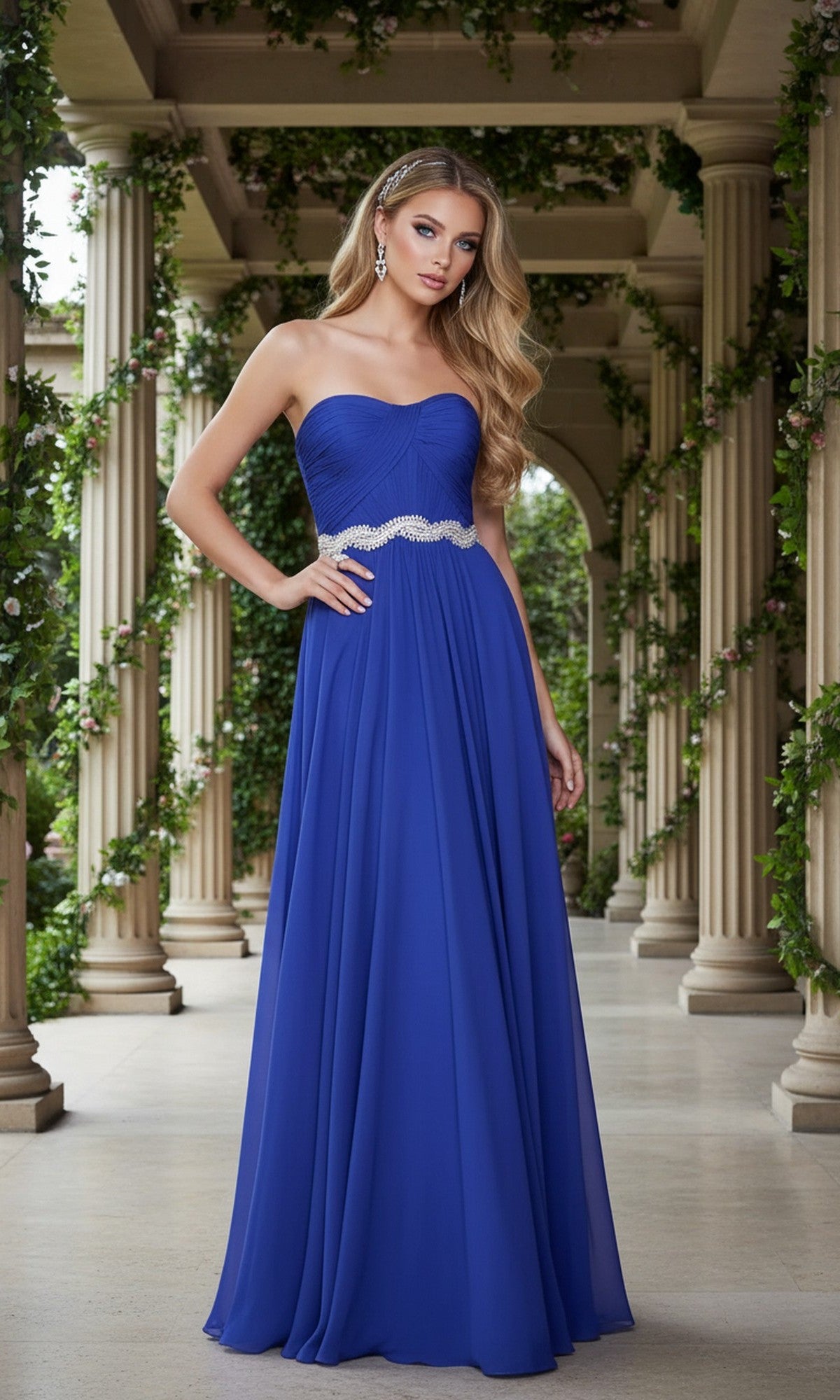 A woman wears the Simple Strapless Long Prom Dress: La Femme 21218, featuring a sweetheart corset bodice and jeweled waistband, while standing in a columned walkway decorated with greenery.